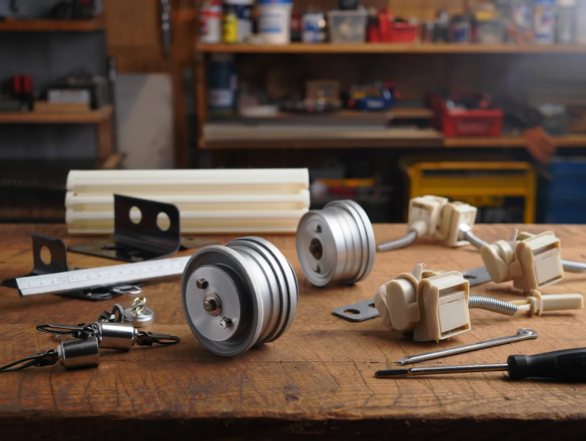 Close-up view of blind operating mechanism components